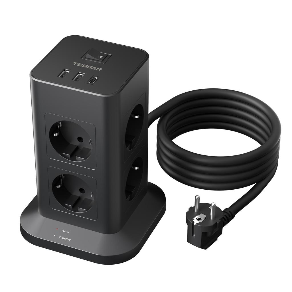 Tessan 8-контактная розетка Tower, многофункциональный удлинитель, вертикальный удлинитель 2 м, вилка европейского стандарта с 3 USB-переключателями для защиты от перенапряжения