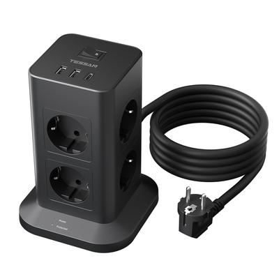 Tessan Удлинитель Black Tower, защита от вертикальной перегрузки, 6/8 розеток переменного тока, 3/4 порта USB, удлинитель 2 м (2500 Вт/10 А) для дома, офиса