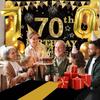 Украшения на 70-й День Рождения для Мужчин и Женщин с Баннером "70-й День Рождения", Черно-Золотая Скатерть, Шары-Цифры, Большая Лента, Топпер для Торта и Свечи