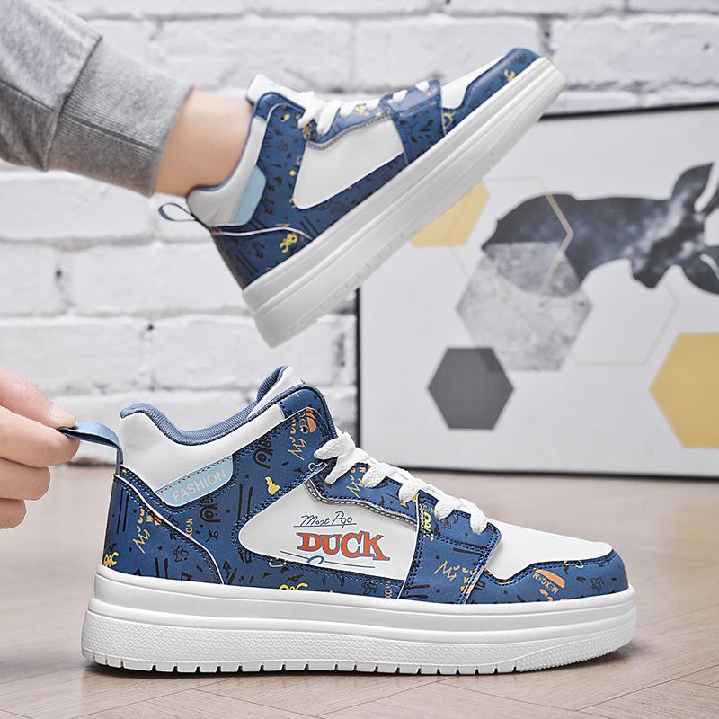 Fashion Blue Cartoon Skateboard Shoes Men Kids High Top Skate Sneakers Men Casual Platform Leather Trainer Anime Sneakers Male