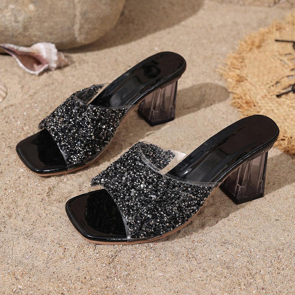 Shiny Sequins High Heel Slippers for Women Summer Fashion Square Toe Transparent Heeled Sandals Woman Gold Silver Glitter Slides