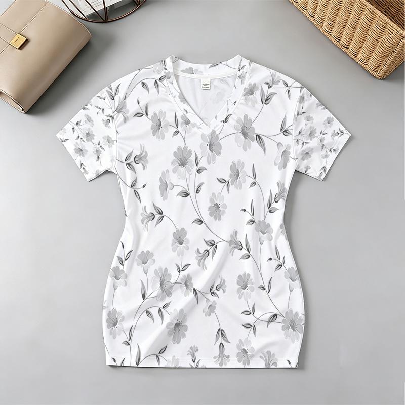 Women's V-Neck Floral Bodycon Dress Short Sleeve Fitted Soft Fabric, Elegant for Daily Casual Vacation Outfit