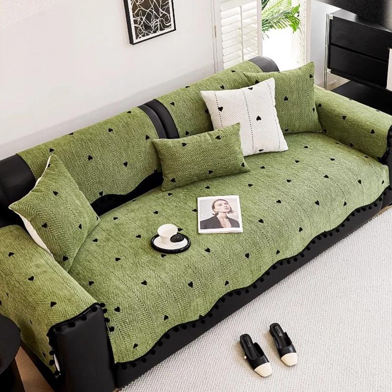 Soft Chenille Sofa Cushion with Fur Balls Skin Friendly Sofa Dust Cover for All Seasons Cozy Anti-Slip Protection Slipcover