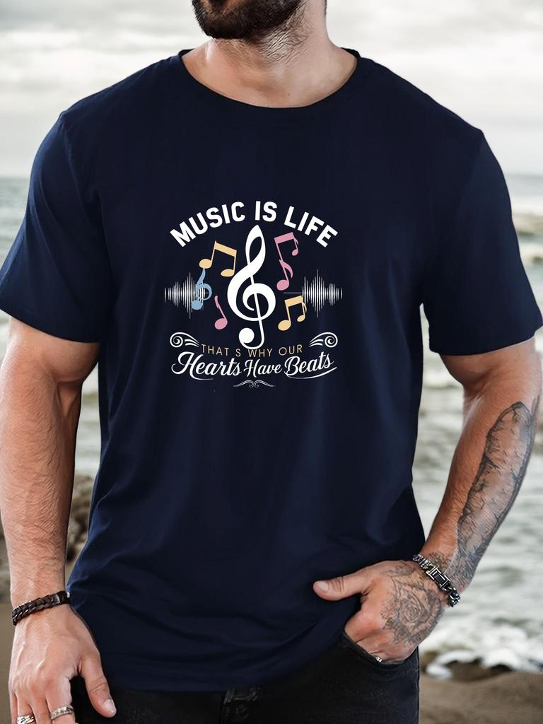 Unisex O Neck Tee Music Is Life Note Slogan Graphic Print Cotton Short Sleeve Loose Summer Breathable Daily Casual Basic Wear Top
