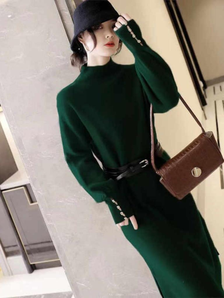 Вязаное платье женское осенне-зимнее рукава-фонарики темперамент светская львица новинка пояс на талии полувысокое горло свитер длинное платье