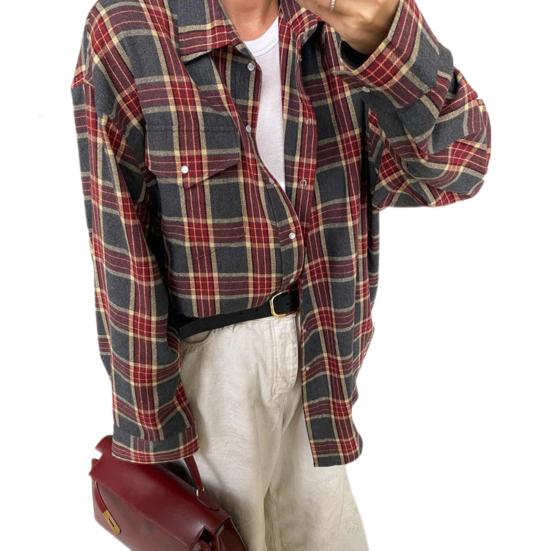 Женская осенняя рубашка с лацканами, однобортная рубашка с длинным рукавом, топы, клетчатый принт, свободная рубашка с накладным карманом, уличная одежда