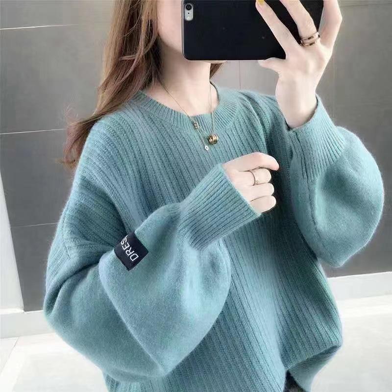 Белый мохеровый утепленный свитер с воротником на осень-зиму, милый модный повседневный однотонный свитер с рукавами-фонариками