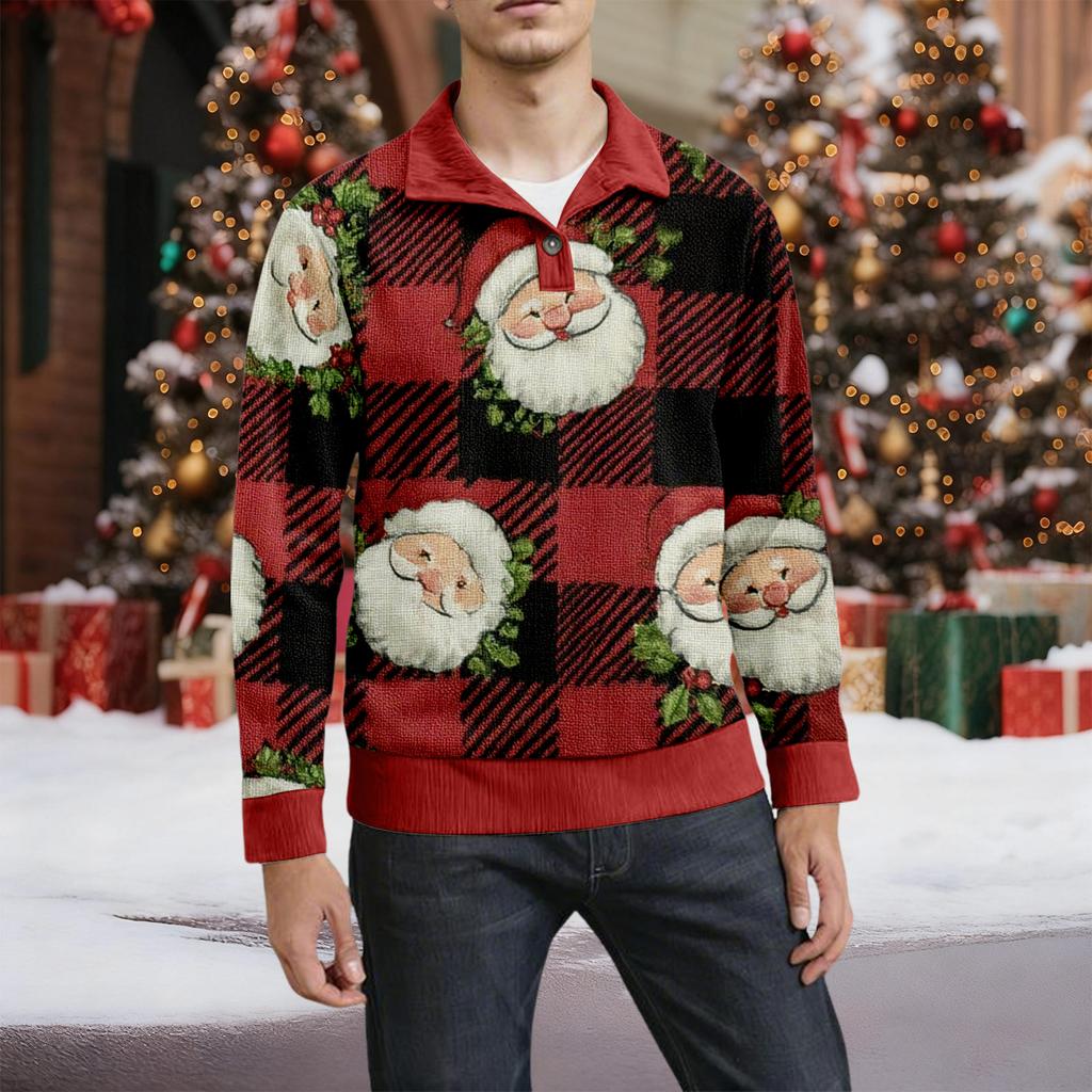 Мужская рождественская хлопковая рубашка-пуловер с длинным рукавом для активного отдыха, винтажная вельветовая рубашка с воротником-стойкой и пуговицами, повседневная толстовка с рождественским принтом