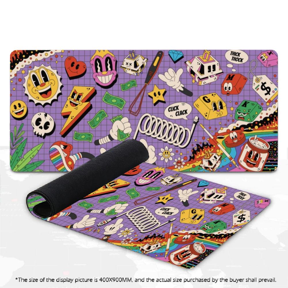 Retro Cartoon Sticker XXL Gaming Mouse Pad Grid Doodle Art Deskmat Non-Slip Rubber Keyboard Mat Large Table Mousepad