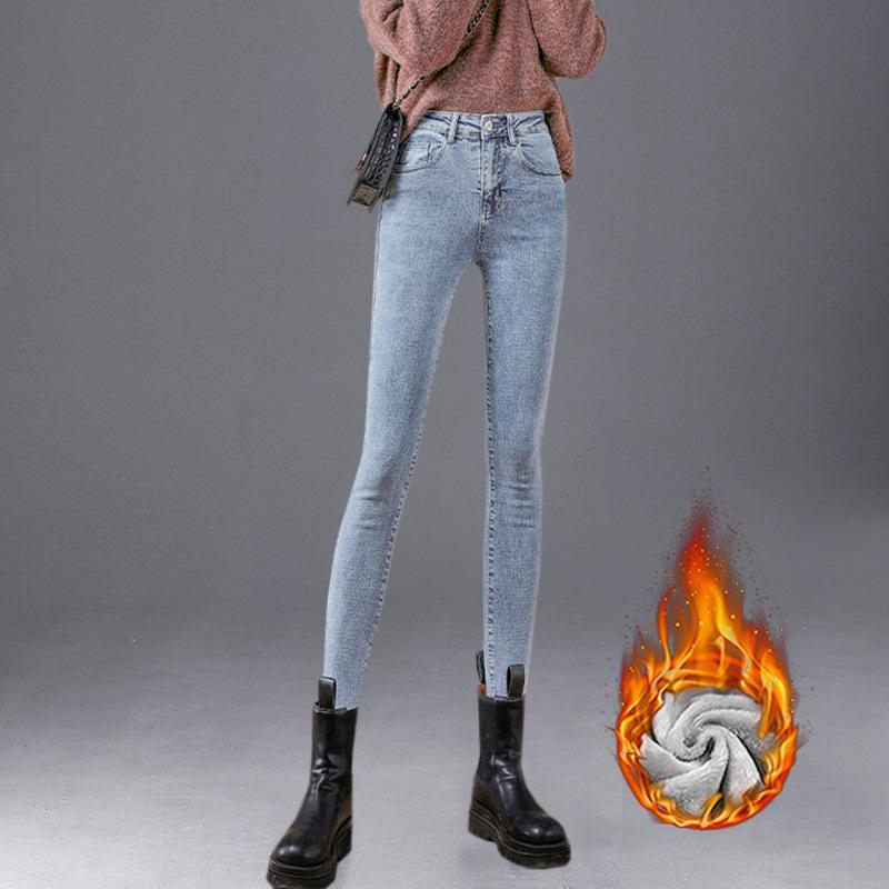 Женские флисовые джинсы с высокой талией: Узкие, плотные и универсальные брюки-карандаш для активного отдыха на зиму 2021 года