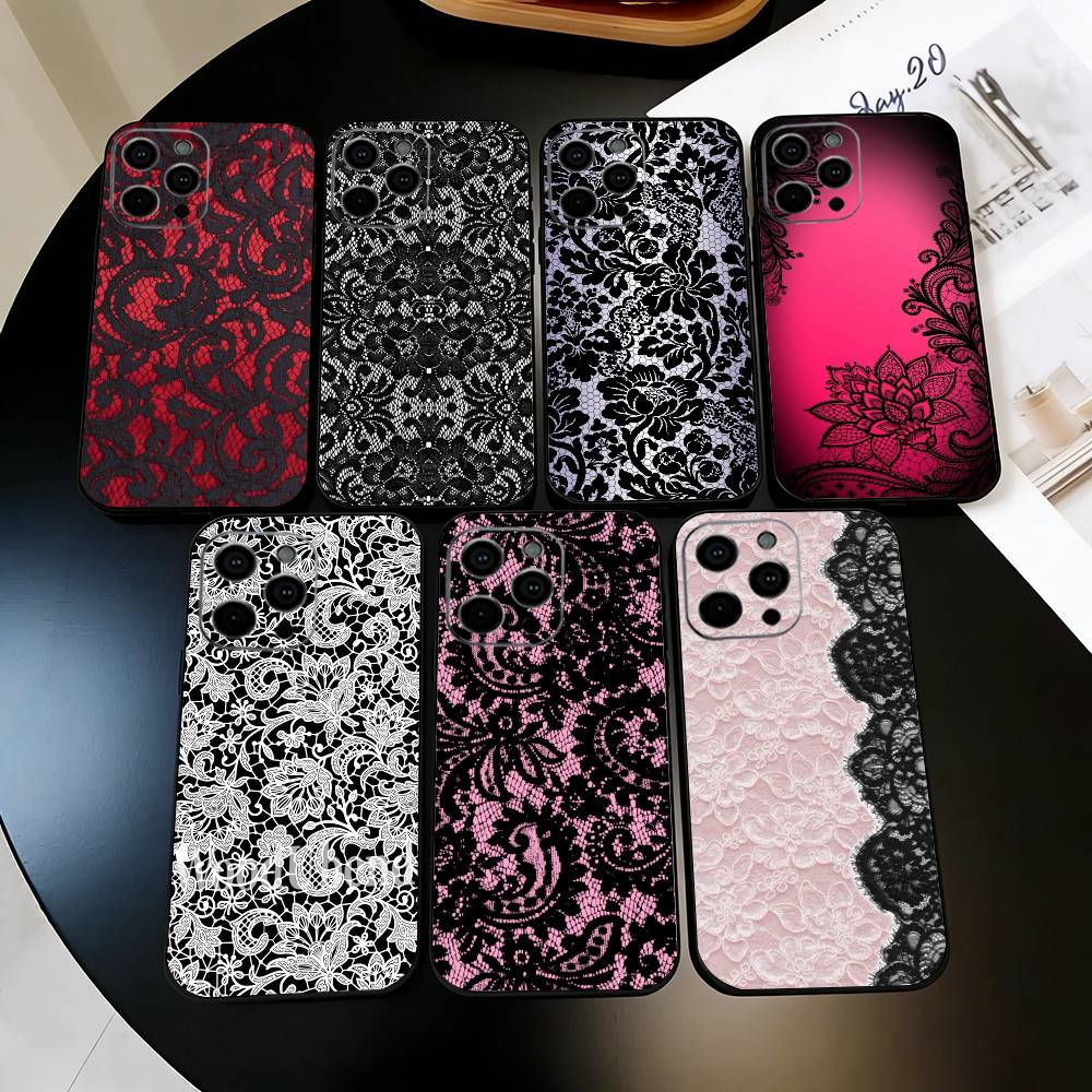 Красивый черный чехол для телефона с принтом из кружева L для iPhone 17, 16, 15, 14, 13, 12, 11 Plus, Pro Max, XS, мягкий силиконовый черный чехол