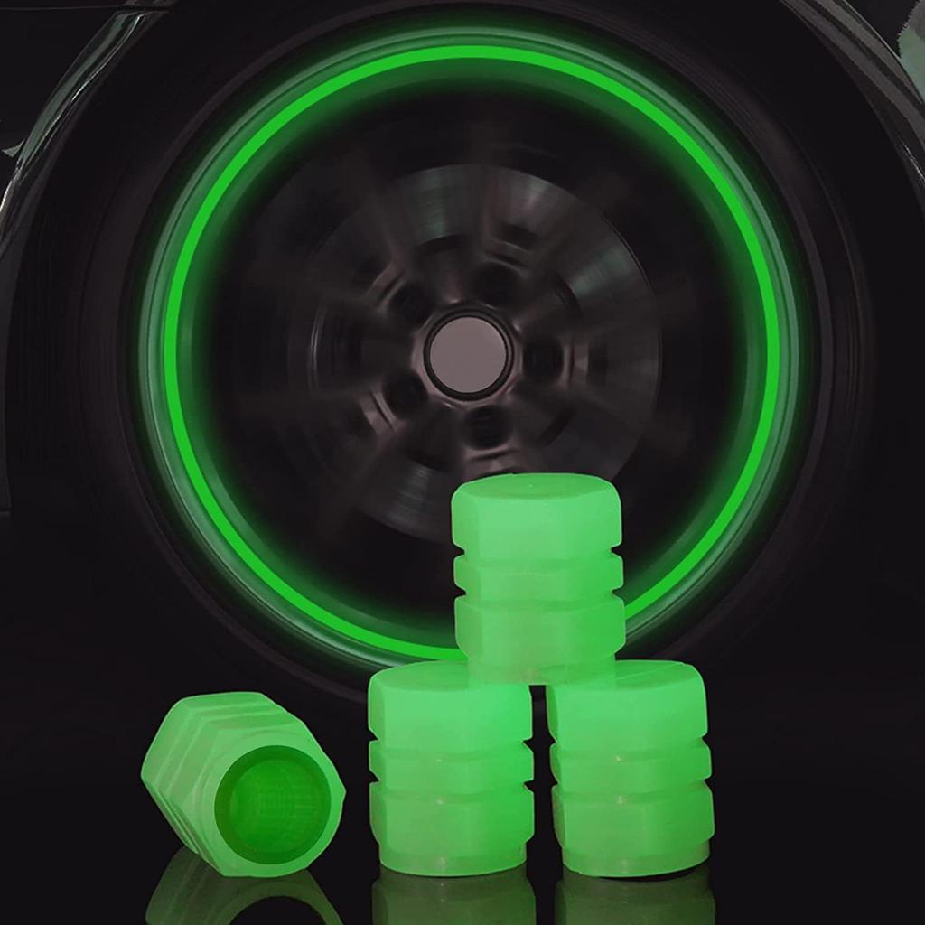 4PCS Glow in the Dark Tire Valve Caps Universal Protective Dustproof Stem Covers for Cars SUVs Motorcycles Bicycles E-Bikes Valve Stems 1