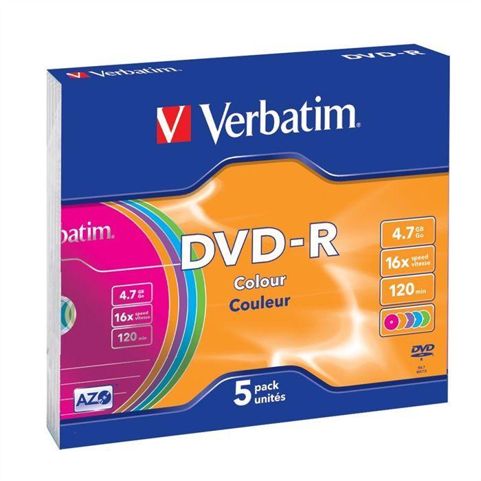 Verbatim DVD-R 16x - 5 Pack - Slim Case - 4.7 GB - Color