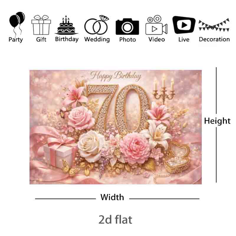 Luxury Diamond 70th Birthday Photography Backdrop Pink Rose Lily Floral Candle Women 70 Years Old Anniversary Party Phot