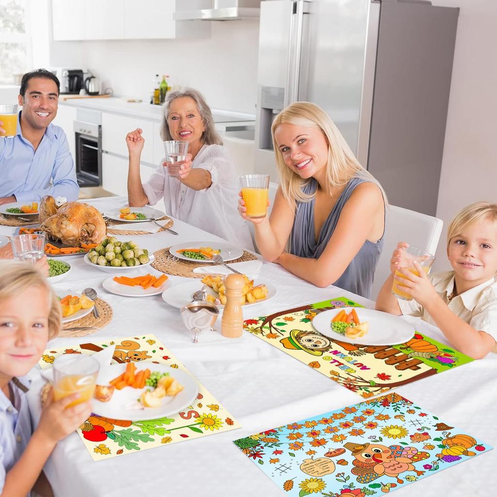 16pcs Thanksgiving Coloring Placemats for Kids 2-Sided Disposable Turkey Placemats to Color Paper Place Mats/Poster for Thankful Activity Happy