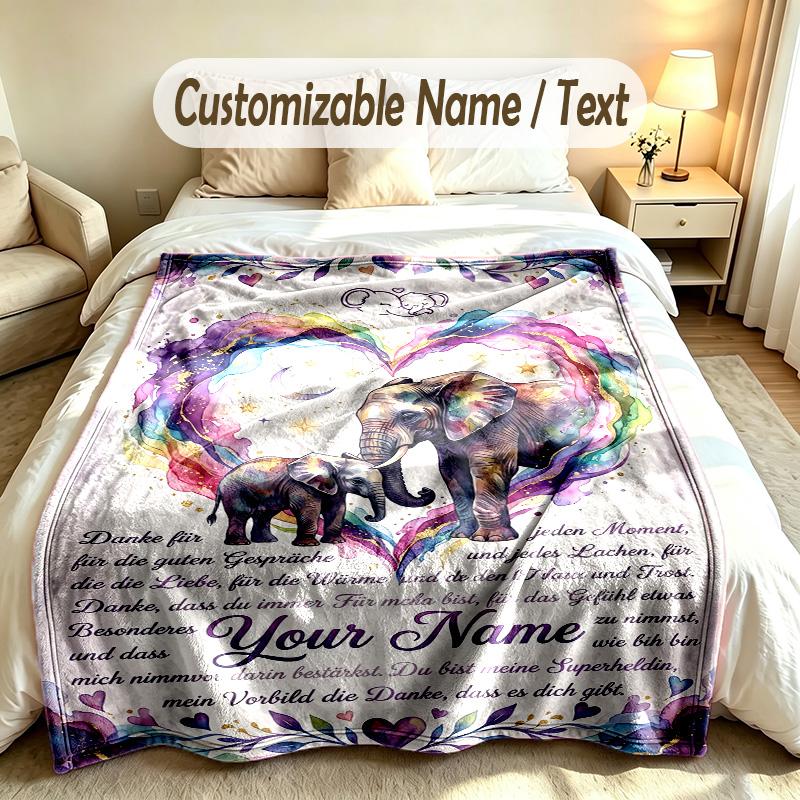 Elephant Theme Soft Blanket Personalized Custom Name Text Print Warm Blanket Home Sofa Bedroom Decor