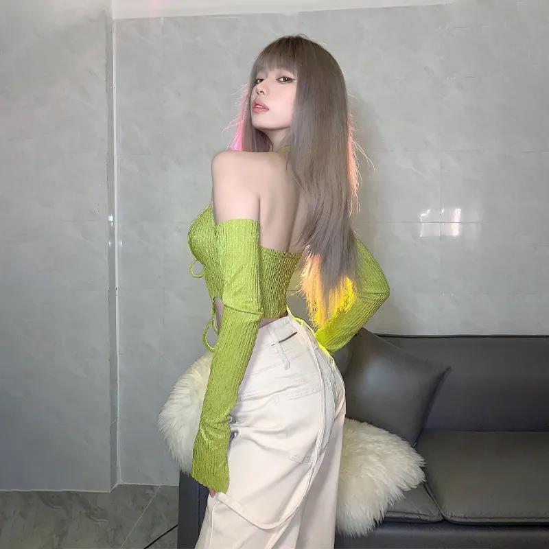 Женский топ Y2K на шнуровке с лямкой на бретельках + разделенные рукава, сексуальные укороченные топы до пупка, облегающие короткие шорты цвета авокадо, Egirl, весна и лето