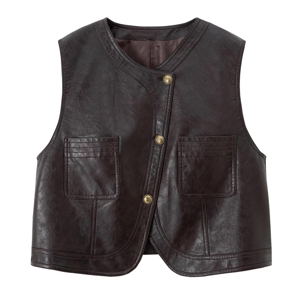Women's Short Sheepskin Leather Motorcycle Vest - Autumn/Winter Korean Style Outerwear