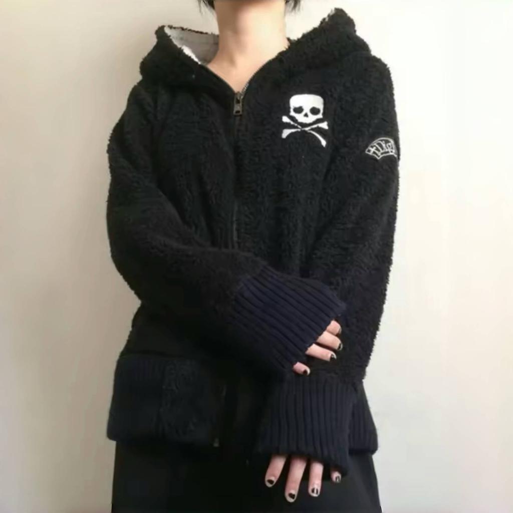 VAYLA Y2k Lamb Jackets Women Gothic Hoodies Cross Skull Grunge Zipper Sweatshirts Vintage Casual Hooded Coats Harajuku Streetwear