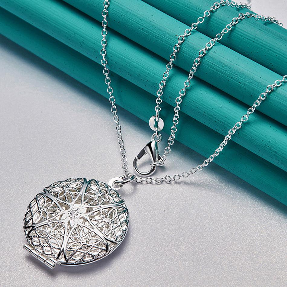 URMYLADY 925 Sterling Silver Round Picture Frame Pendant Necklace Chain For Women Wedding Engagement Charm Jewelry