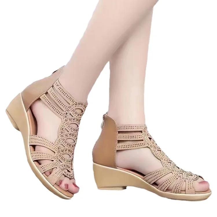 Модные сандалии New Roman для внешней торговли, танкетка, задняя молния, перфорированный носок-рыбка, толстая подошва, универсальная женская обувь