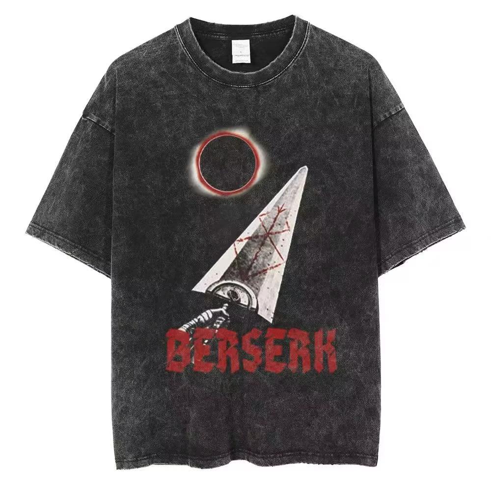 Футболка Berserk Vintage из выстиранного хлопка, японское аниме, оверсайз, унисекс, стиль Харадзюку, уличная одежда, короткий рукав, мужская и женская.