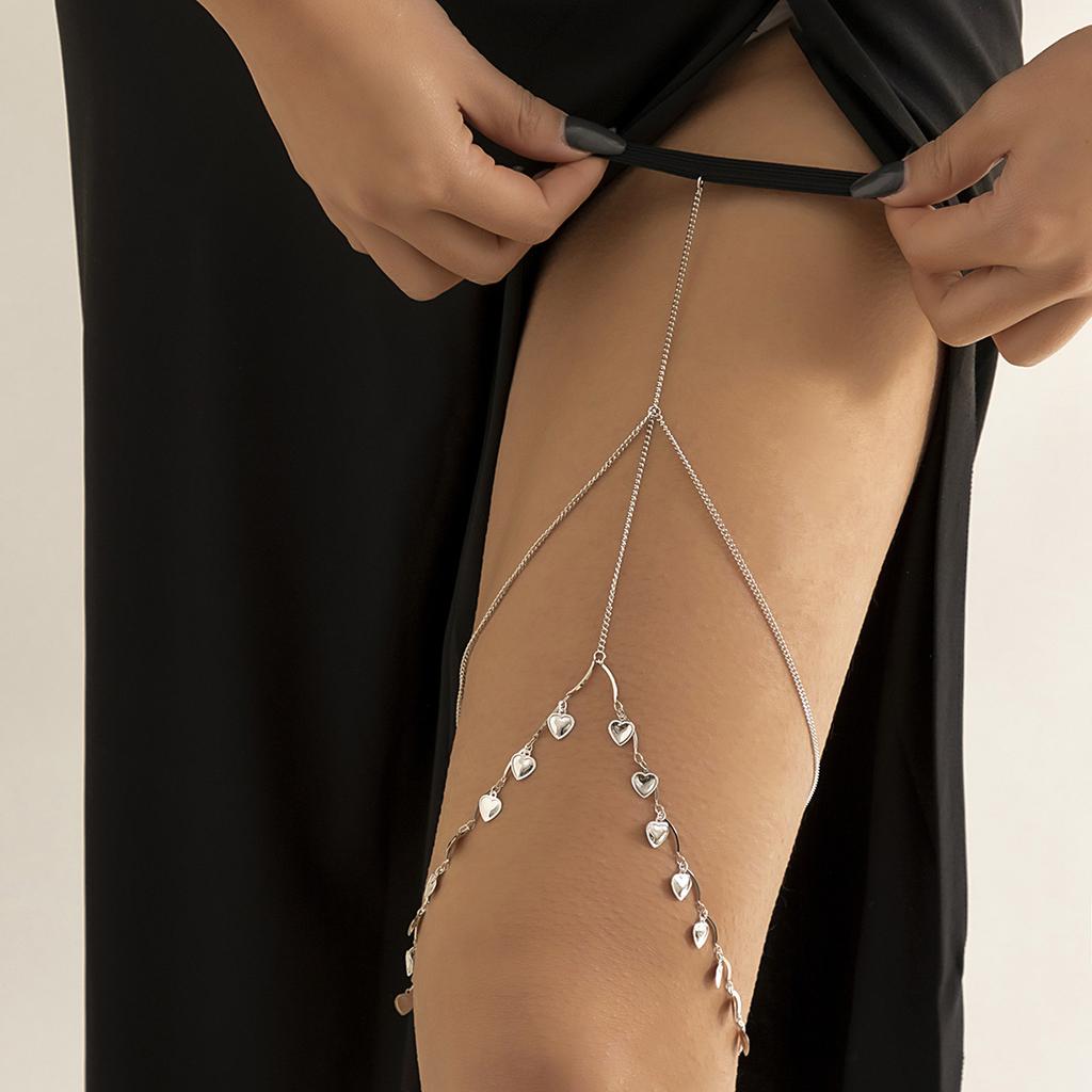 Accessories, Sexy Beach Tassel Heart Body Chain Female, Simple Double Chain Elastic Thigh Chain