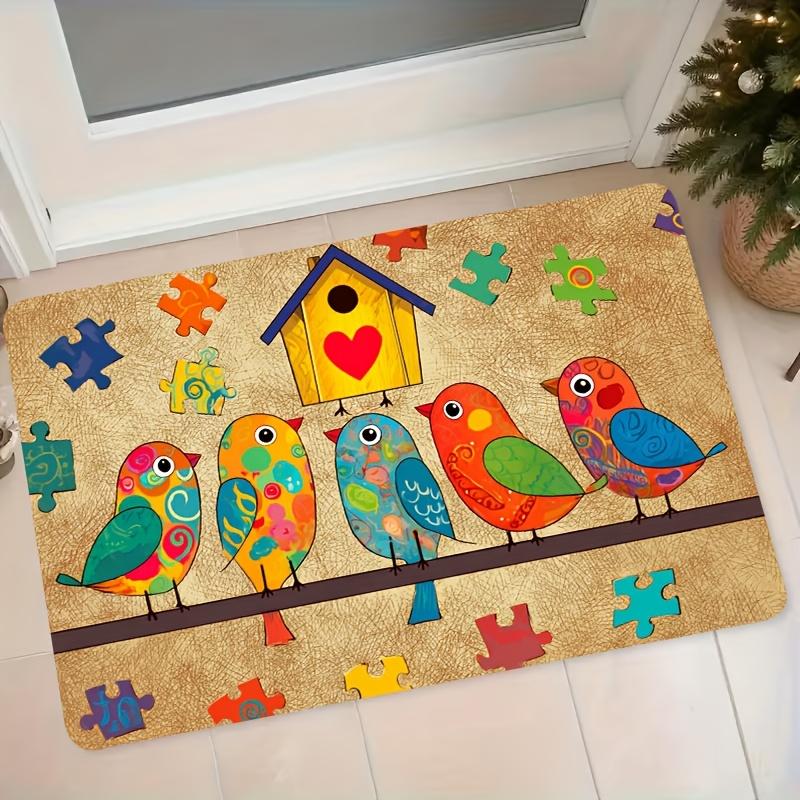 1pc Flanel Mat Cartoon Colorful Birds Birdhouse Puzzle Pattern Entrance Door Mat Bedroom Living Room Non-Slip Water-Absorbing Foot Mat Home Decoration