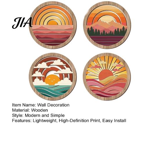 Easy Install Wall Art Set 4Pcs Boho Sunset Art, Abstract Landscape Round Hanging Ornaments, Lightweight Wood Photo Background Wooden Decor for Living