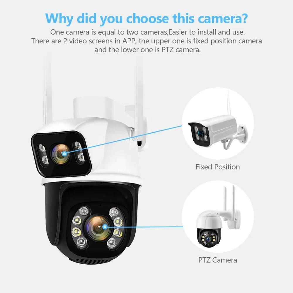 8МП 4K PTZ Wi-Fi камера с двумя объективами и двумя экранами, с ИИ обнаружением человека, автоматическим слежением, беспроводная уличная камера видеонаблюдения