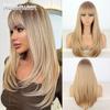 Женская мода Длинные светлые парики Прямой синтетический многослойный парик с челкой и темными корнями