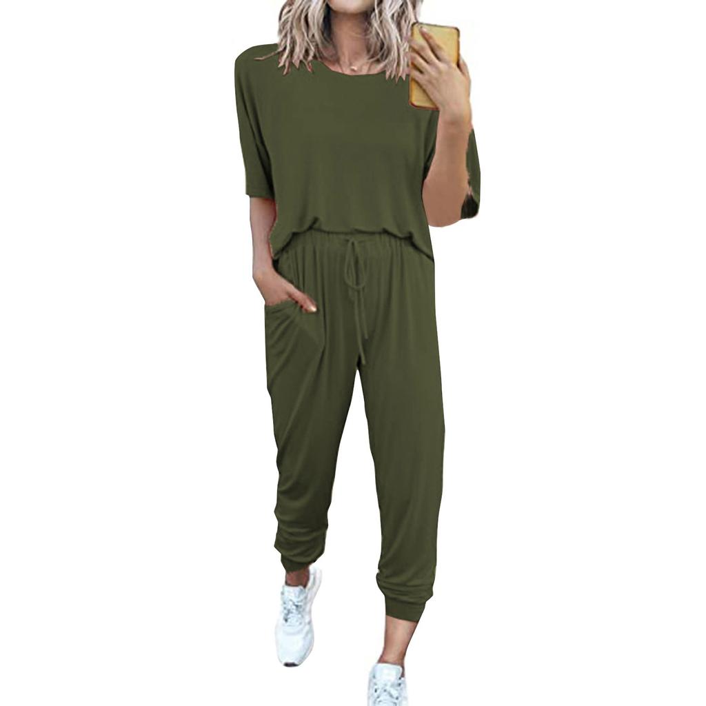 Женский свободный пуловер с круглым вырезом, повседневный модный костюм с короткими рукавами и длинными брюками