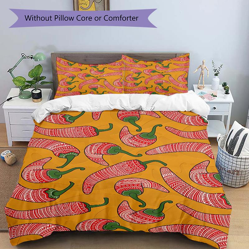 3pcs Chili Pepper Pattern Bedding Set, Ideal for Home Use, Suitable for Bedroom Decor (1*Duvet Cover + 1/2*Pillowcases, No Core) yy250821209