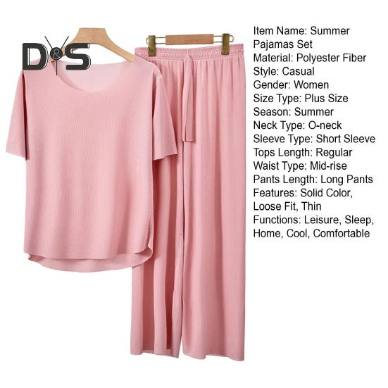 Комплект из 2 предметов: летняя пижама, футболка с коротким рукавом и круглым вырезом, эластичный пояс, длинные брюки, однотонная пижама из ледяного шелка