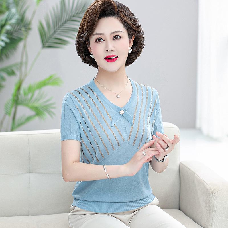 Mother Summer Dress Foreign Style Short-sleeved Top 40 Years Old 50 Years Old Women Summer Fashion Temperament Ice Silk T-shirt Small Shirt