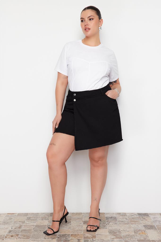 Women's Fashion New Plus Big Size Shorts & Bermuda Black High Waist Hem Tasseled Shorts Skirt