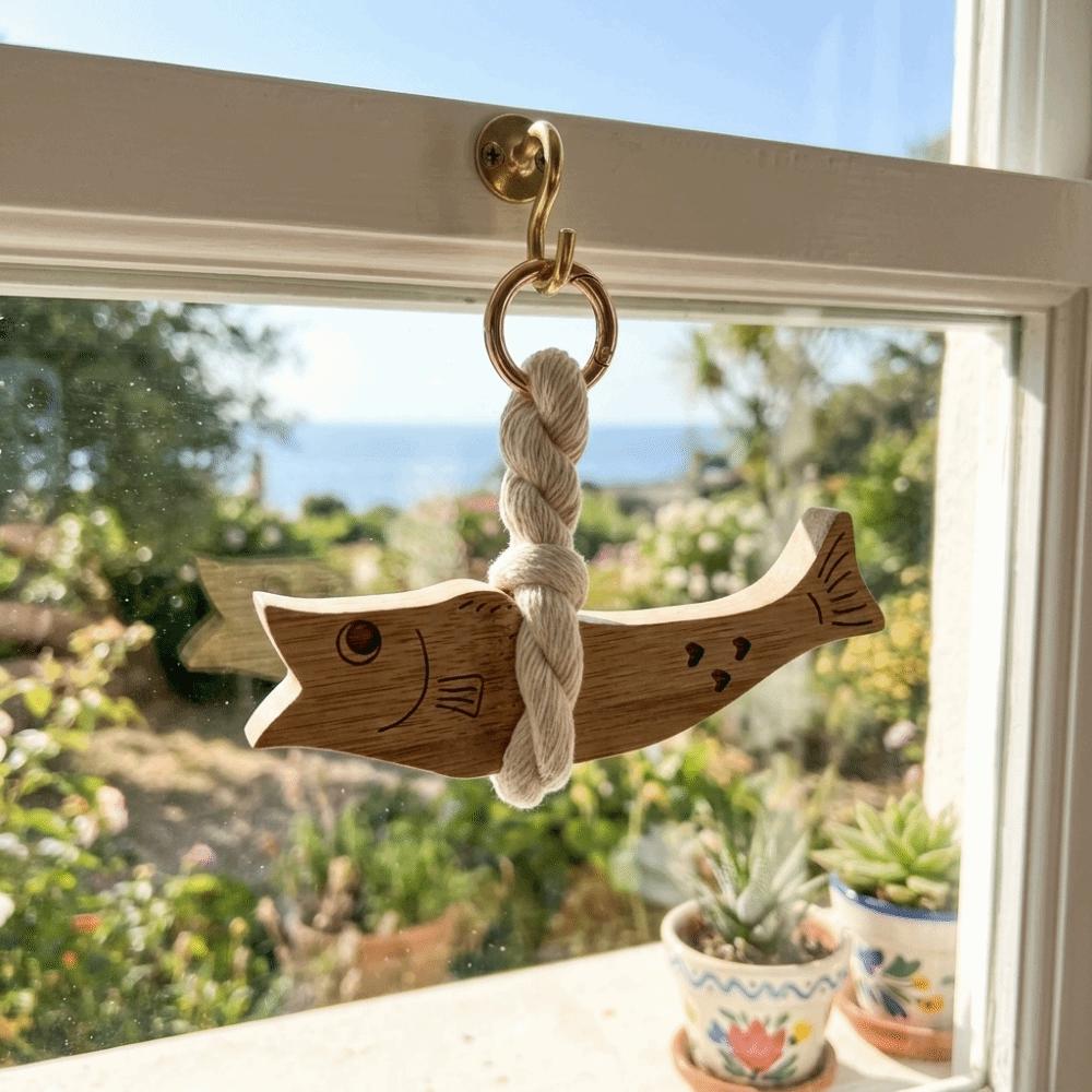 Rustic Wooden Fish Lucky Charm with Bell Fish Wall Hanging Decor Wood Fish Sculpture Entryway