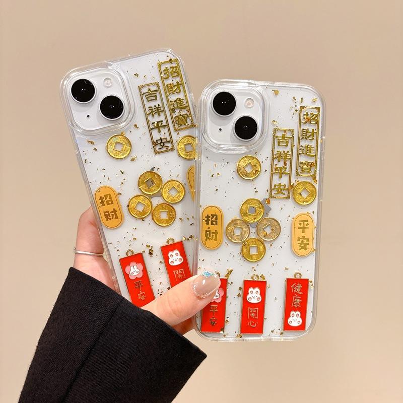 Promote Wealth and Treasure for Apple 16 Promax Mobile Phone Case Epoxy Gold Foil for IPhone 15 Plus Gold Coins 14 China