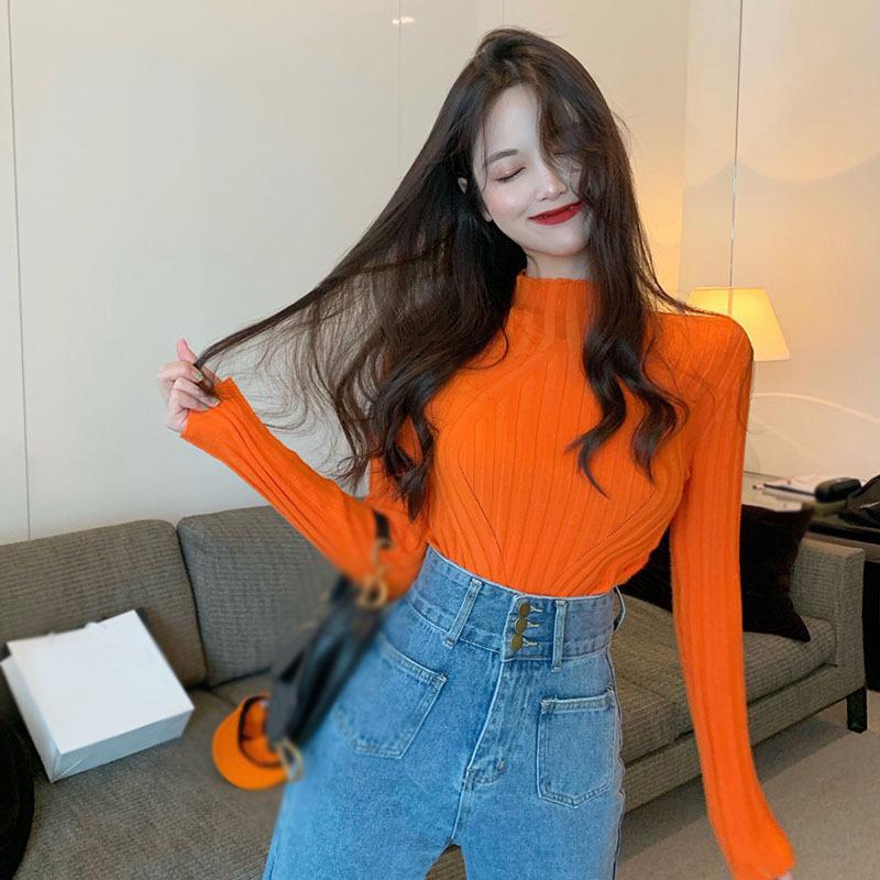 Женский свитер, повседневный, приталенный, полуводолазка, однотонный