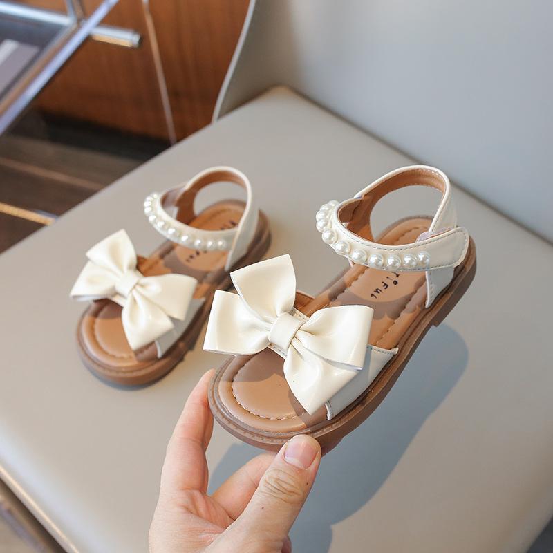Summer Kids Sandals for Girls Elegant Pearl Bowknot Fashion New Versatile Sweet Children Causal Party Wedding Flats Beach Shoes