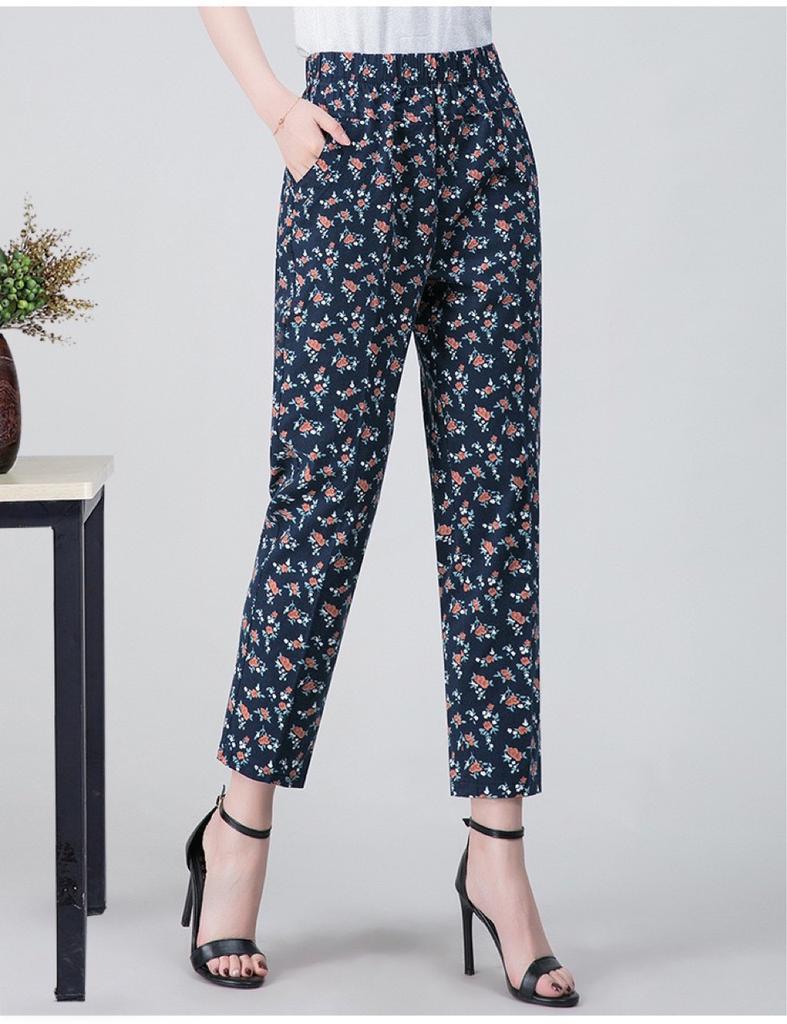 Spring and Summer Elastic Floral Trousers Straight High Waist Comfortable Casual Plus Fat Increase Women's Trousers