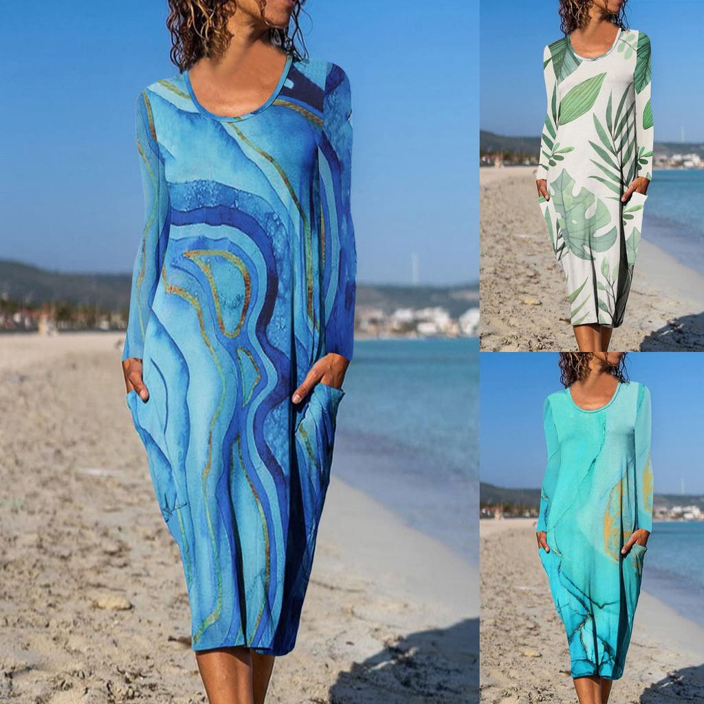 Women's And Winter Printed Round Neck Long Sleeve Dress With Pockets