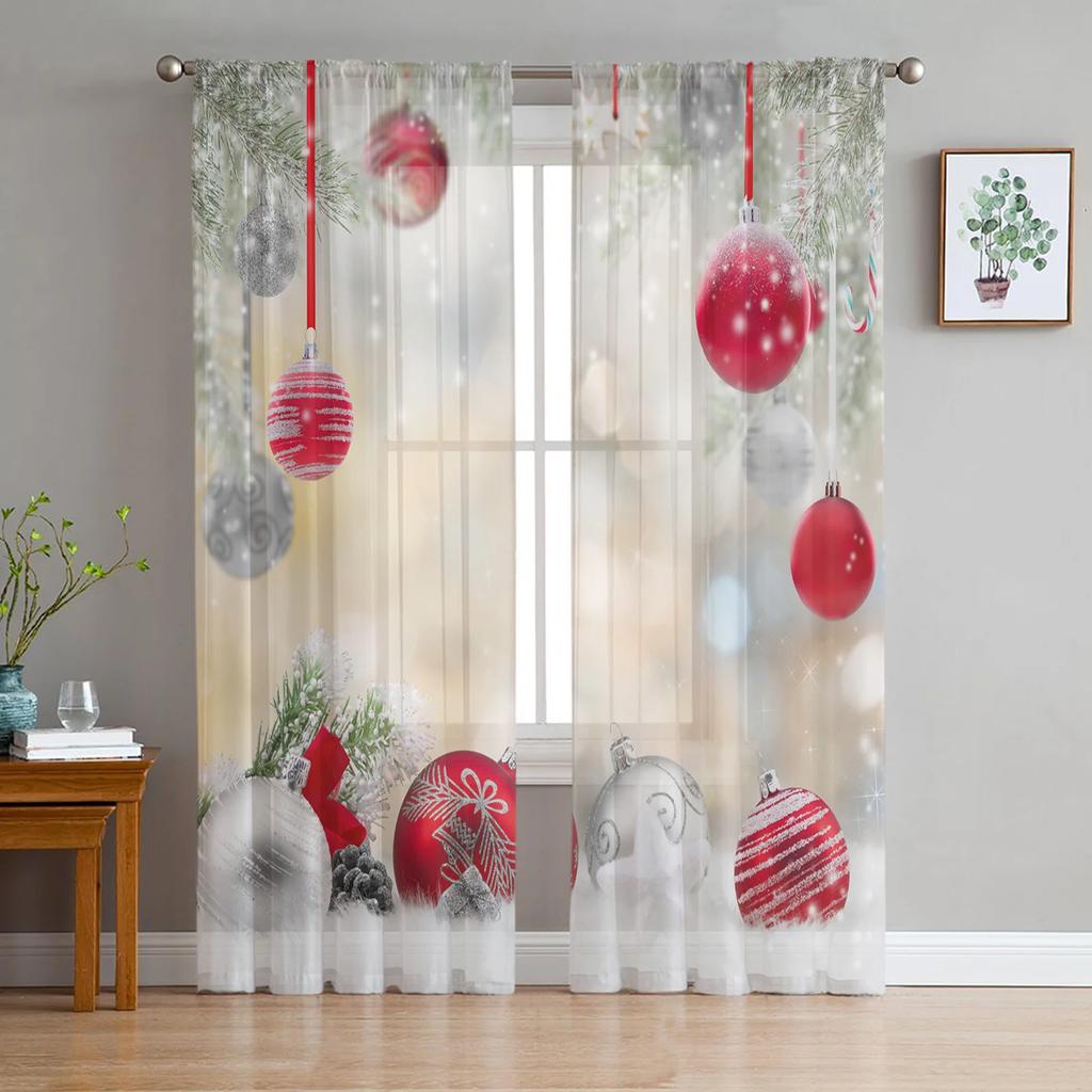 Christmas Room Christmas Tree Fireplace Tulle Sheer Window Curtains for Living Room Bedroom Modern Voile Organza Curtains Drapes