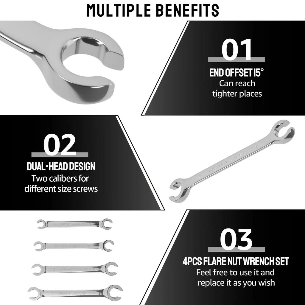 4Pcs Flare Nut Wrench Set Double End Metric 9 10 11 12 13 14 15 17mm Mirror Polished Surfa Robust Etch Resistant for Machinery