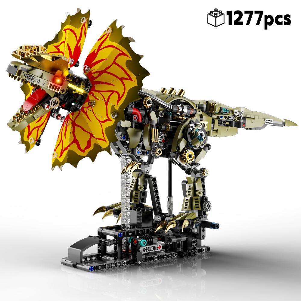 1277Pcs Mechanical Dinosaur Blocks Dual Crested Dilophosaurus Light Up Moving Model Jurassic Decor Creative Gift Set