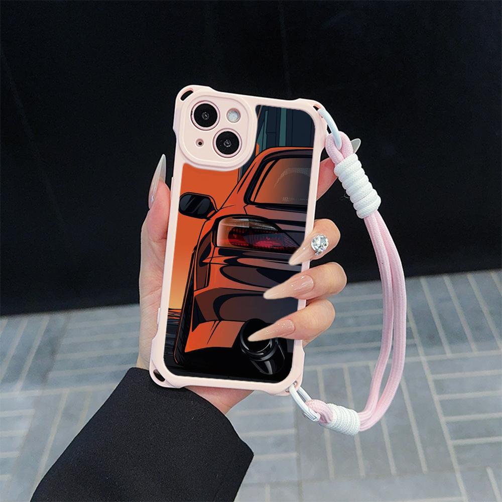 Ae78 Fashion Car Pattern Design Art Soft Phone Cases for iPhone 16 15 14 13 12 11 Pro Max 7 8 XR with Wrist Strap Lanyard Corner Protection Back Cover
