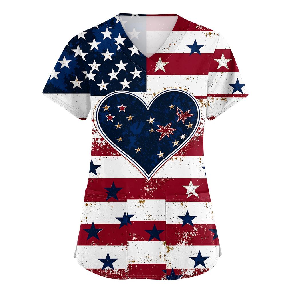 Женский топ с коротким рукавом, принтом ко Дню независимости, V-образным вырезом, карманом, рабочая одежда