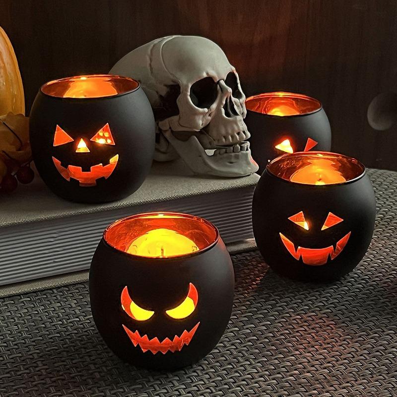 Halloween Table Decor Lanterns Black Glass Votive Tealight Candle Holders Halloween Indoor Party Decorations