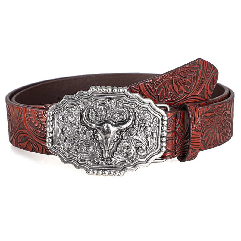 Western Cowboy Style Vintage Casual Belts - Ox Head Carved Buckle & Bohemian Print, Perfect For Daily Commute & Dating Outfits