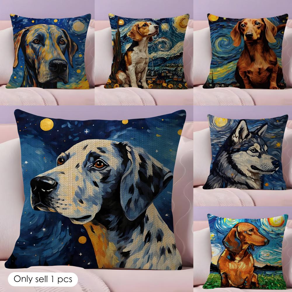 The Starry Night Dog Cushion Cover Natural Linen Pillow Case DoubleSided Print Decorative Sofa Pillowcase Home Decor Gift